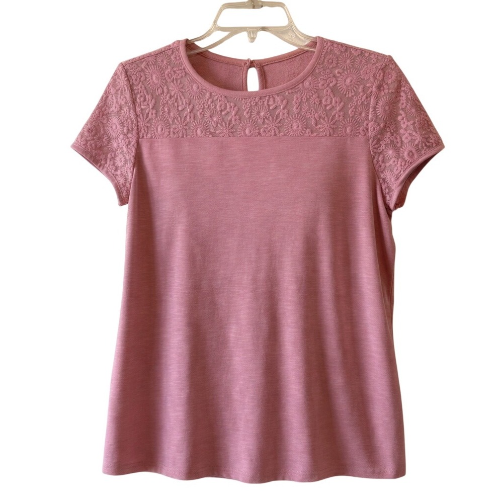Matilda Jane Rose Pink Burnout Knit Lace‎ Yoke Top Short Sleeve Women M